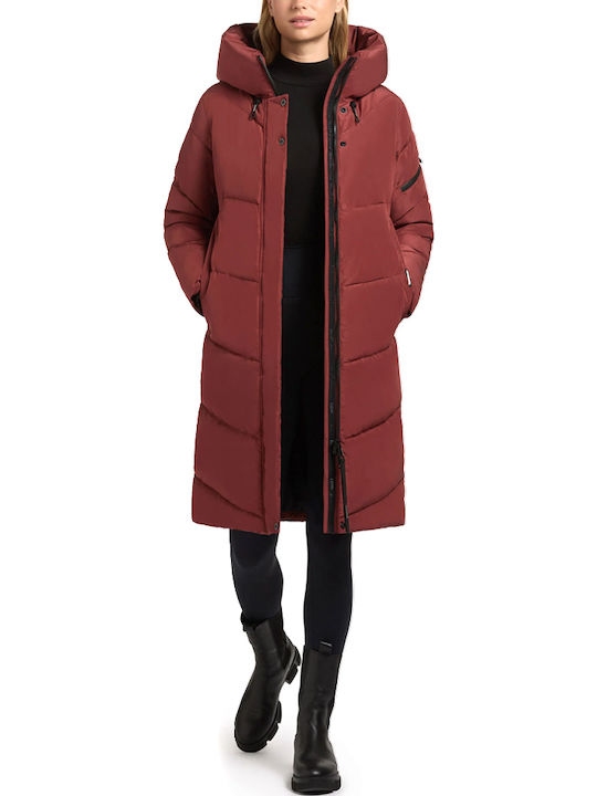 Women's Long Puffer Jacket Waterproof for Winter with Hood Red