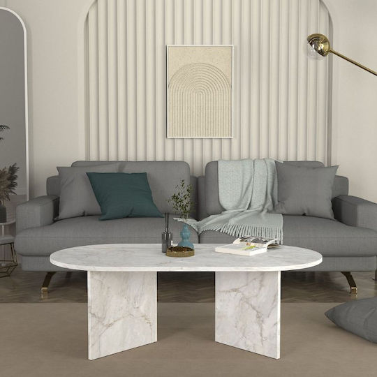 Oval Central Coffee Table Cortado Wooden White Marble Effect 120x60x39.6cm