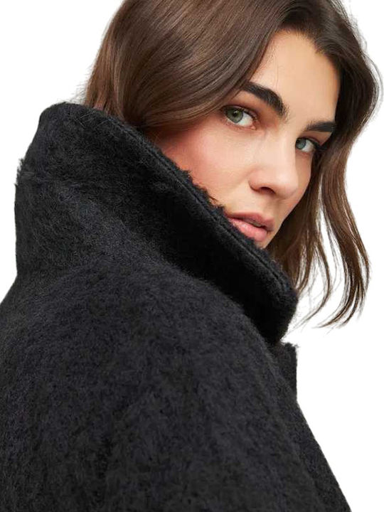 Women's Black Coat Oversized with Buttons