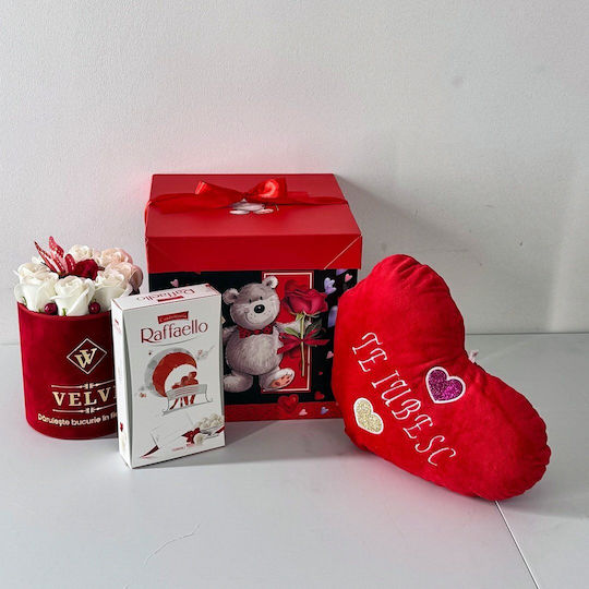 Pachet Special De Valentine Pernă Brodată În Formă De Inimă "I Love You" Praline Raffaello 80g Aranjament Floral 9 Trandafiri De Săpun Roșii