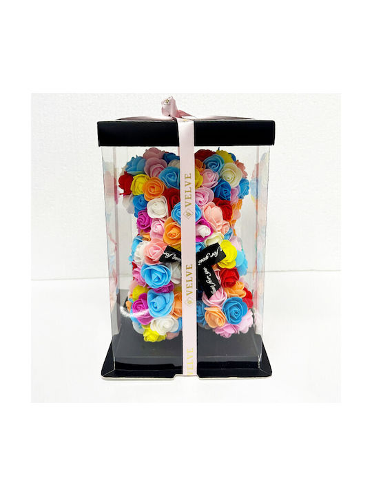 Multicolor Floral Bear Made Roses 25 Cm Hand Decorated Gift Box