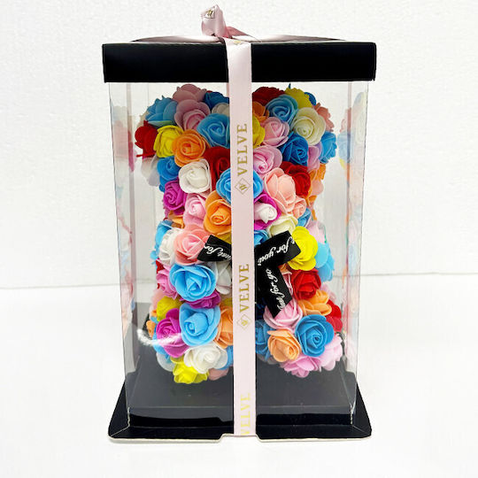 Multicolour Floral Teddy Bear Made of Roses 25 Cm Hand Decorated Gift Box
