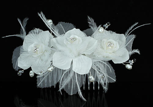 Beautiful Handmade Bridal Organza Flower Comb Crystals Faux Pearls Gilly