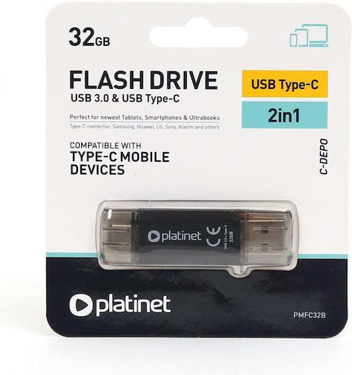 Platinet C-Depo 32GB USB 3.0 Stick με σύνδεση USB-A & USB-C Μαύρο