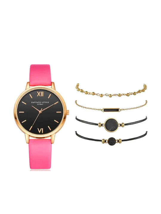 Set Womens Battery Watch With Black Leather Strap