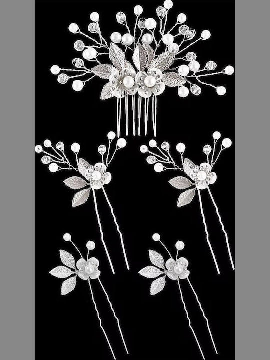 Bridal Hairpin Comb Set Pearls Leaves Gold or Silver Sybil