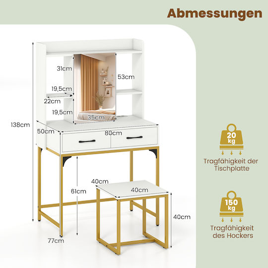 Schminktisch aus Holz & Metall Weiß mit Spiegel 80x50x138cm Schminktisch aus Holz & Metall Weiß mit Spiegel 80x50x138cm