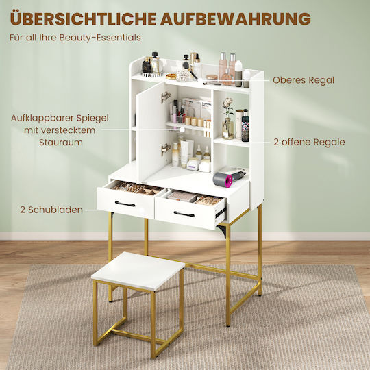 Schminktisch aus Holz & Metall Weiß mit Spiegel 80x50x138cm