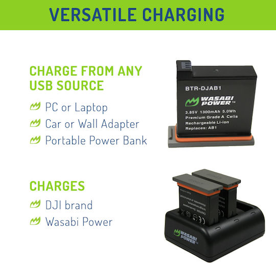 Wasabi Power Battery 2-Pack + Triple Charger for DJI Osmo Action