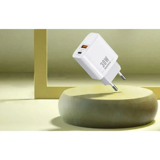 Remax Ladegerät ohne Kabel mit USB-A Anschluss und USB-C Anschluss 30W Stromlieferung Weißs (RP-U82)