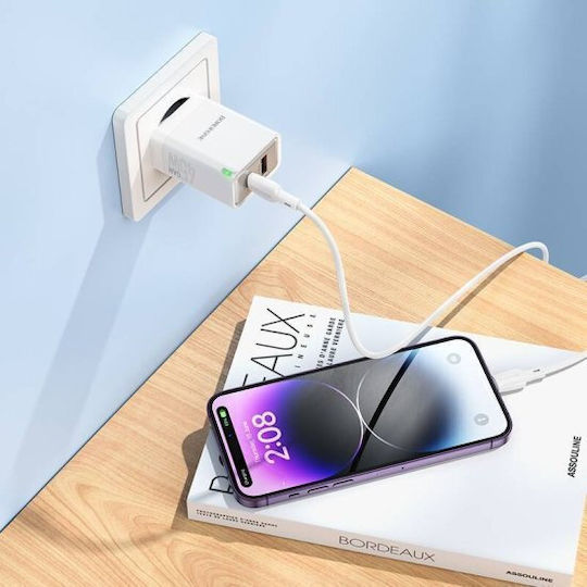Borofone Charger with USB-A Port and USB-C Port and Cable USB-C - USB-C 45W Power Delivery Whites (BN16 Tough)