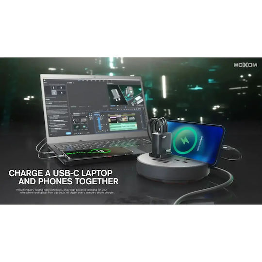 Moxom Charger Without Cable with USB-A Port and 2 USB-C Ports 65W Power Delivery / Quick Charge 4.0 Blacks (MX-HC74)