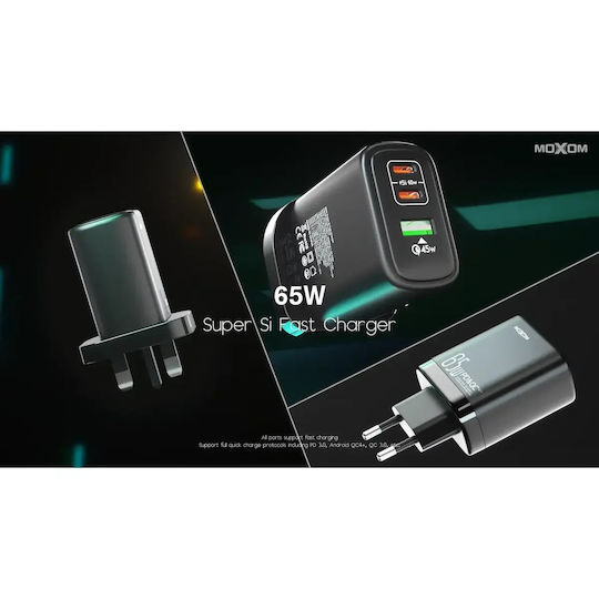 Moxom Charger Without Cable with USB-A Port and 2 USB-C Ports 65W Power Delivery / Quick Charge 4.0 Blacks (MX-HC74)