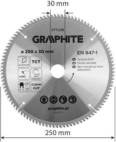 Graphite Cutting Disc Aluminum Hole Diameter 250mm with 100 Teeth 1pcs