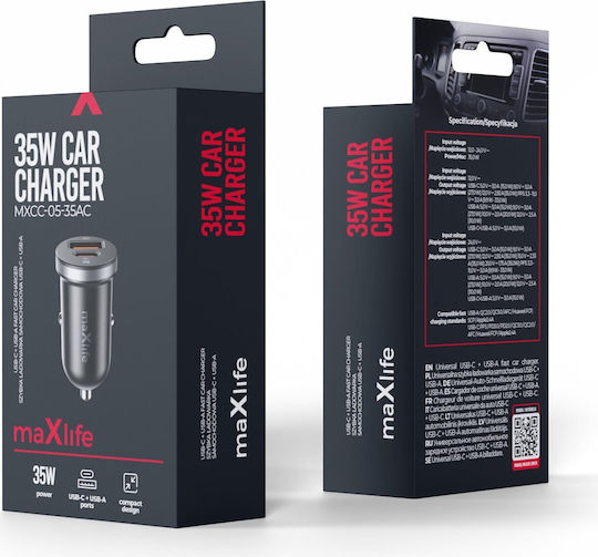 Maxlife Car Charger 35W Fast Charging with Ports 1xUSB-A 1xType-C Black Colour