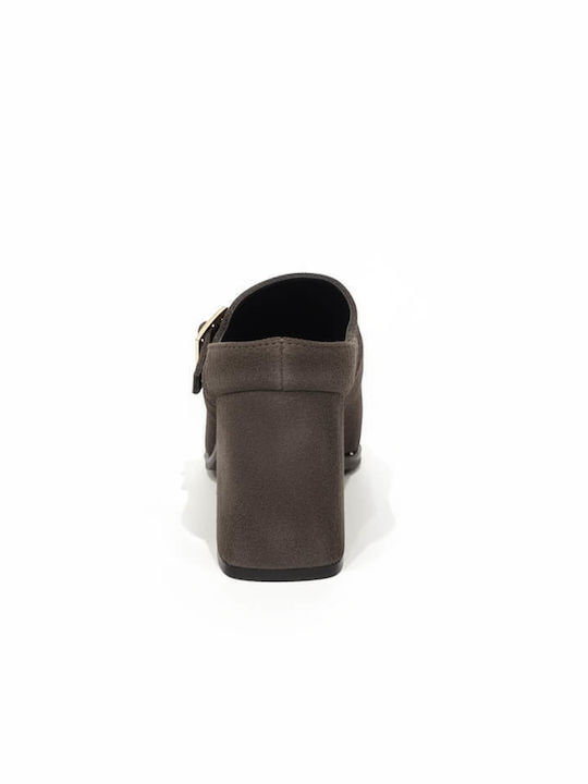 Piele Mule cu Toc în Culoare Maro