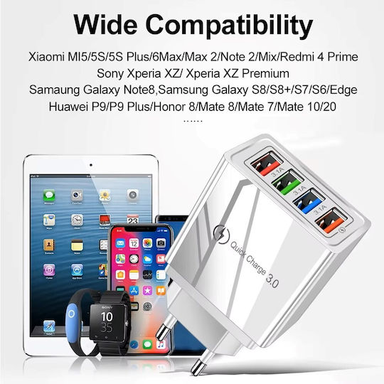 Φορτιστής Χωρίς Καλώδιο με 4 Θύρες USB-A 20W Quick Charge 3.0 Λευκός (6024)