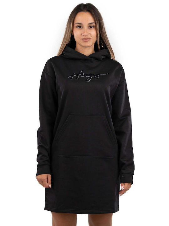Nevalia Mini Sportliches Damenkleid Langärmelig mit Kapuze Schwarz