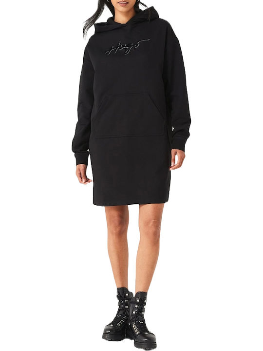 Nevalia Mini Sportliches Damenkleid Langärmelig mit Kapuze Schwarz