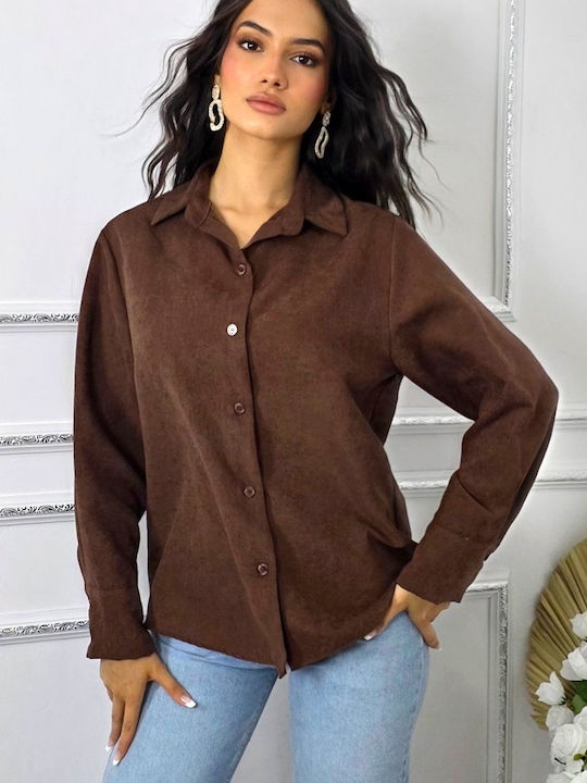Μακρυμάνικο Γυναικείο Πουκάμισο Brown Μονόχρωμο