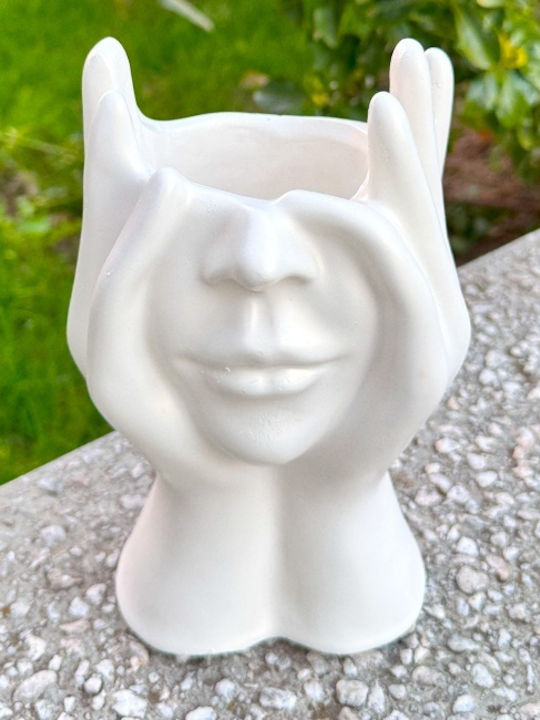 Artistic Decorative Ceramic Vase Face Covered By Hands White