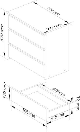 Comoda pentru Dormitor cu 3 sertare Matte White 60x35x57buc