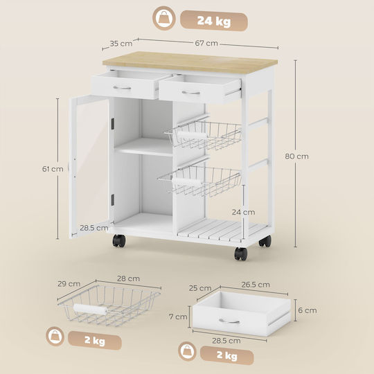 HomCom Τρόλεϊ Κουζίνας Ξύλινο 2 Θέσεων Λευκό 67x35x80cm
