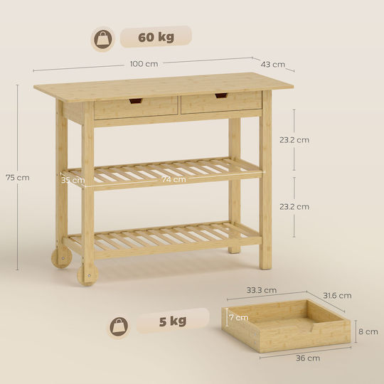 HomCom Wooden Kitchen Trolley 2 Tiers Brown 75x43x100cm