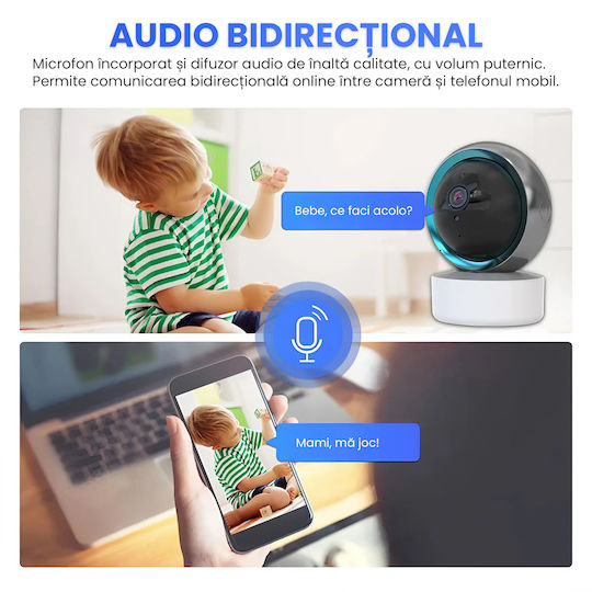 Cameră Rotativă Wireless Full HD 1080p Video Cameră Audio Rotire 360° Viziune Nocturnă cu Infraroșu Detectare Mișcare Sunet Audio Bidirecțional WiFi 2.4GHz 4 Utilizatori iOS Android Stocare Cloud Neagră