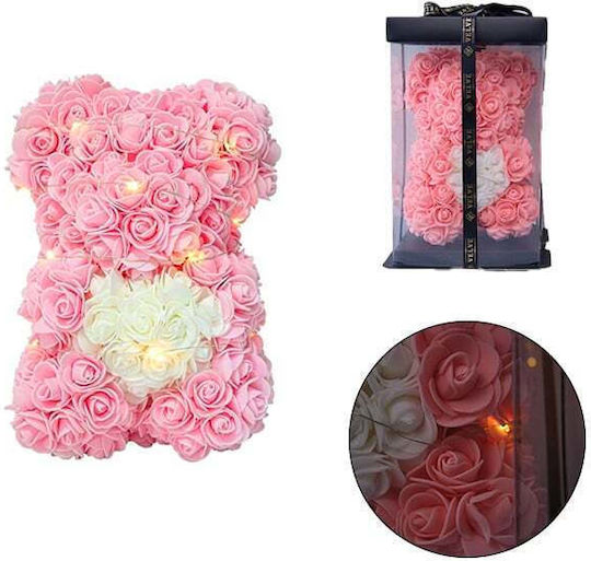 Floral Teddy Bear 25 Cm Bright Leds Foam Roses White Heart In Gift Box Powder Pink