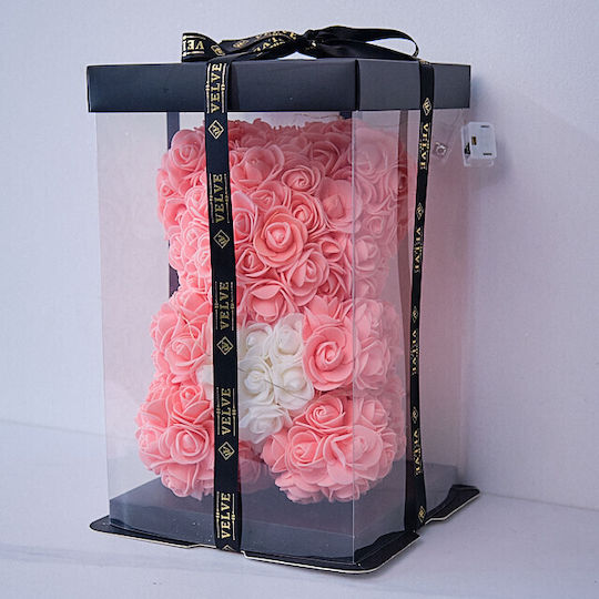Floral Teddy Bear 25 Cm Bright Leds Foam Roses White Heart In Gift Box Powder Pink