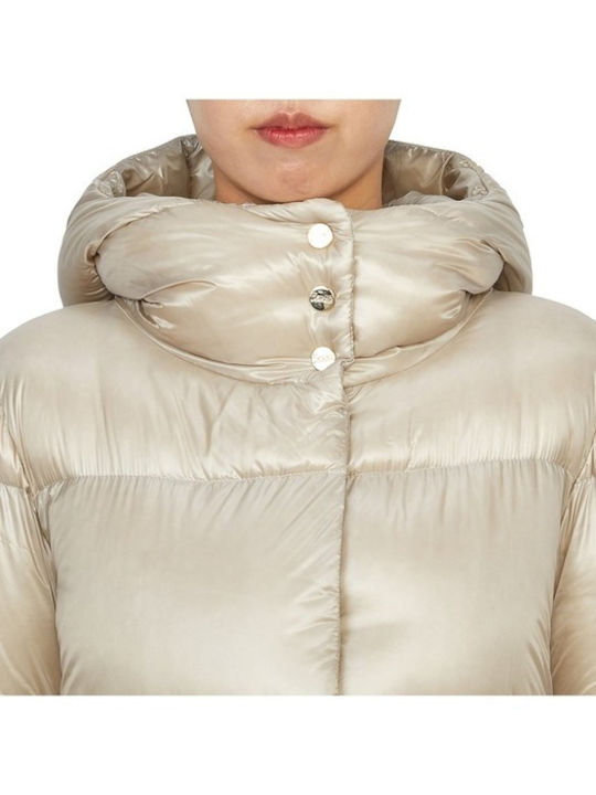 Women's Long Puffer Jacket for Winter with Hood Beige