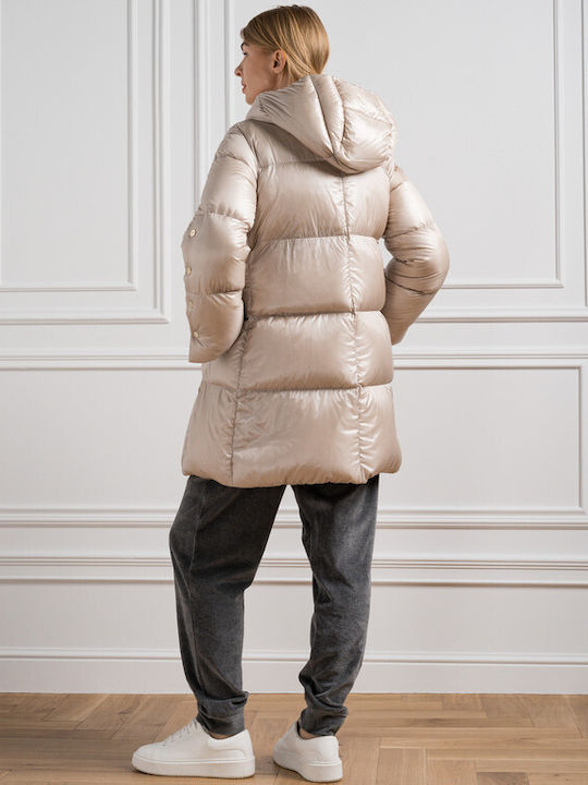 Women's Long Puffer Jacket for Winter with Hood Beige