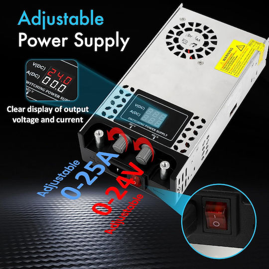 Sursă de Alimentare Reglabilă 0-24V 25A 110V/220V AC 0-24V 600W Display Carcasă din Aluminiu Ventilată Bandă LED
