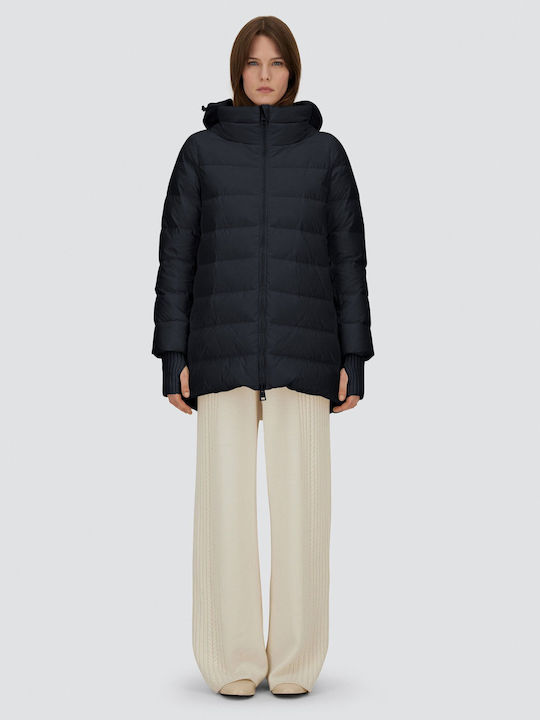 Women's Long Puffer Jacket Waterproof for Winter with Hood Black