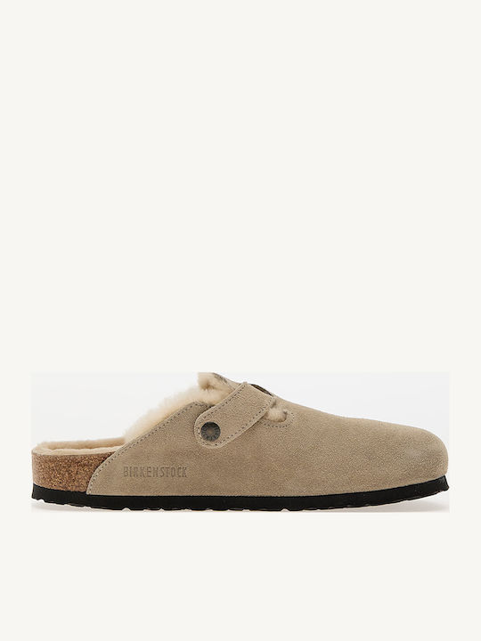 Boston Shearling Suede Winter Women's Slippers with Fur Brown Narrow Fit