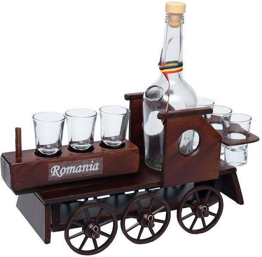 Minibar Set Holz-Train-Form Flaschenhalter 6 Gläser Bottega Fumé Grappa