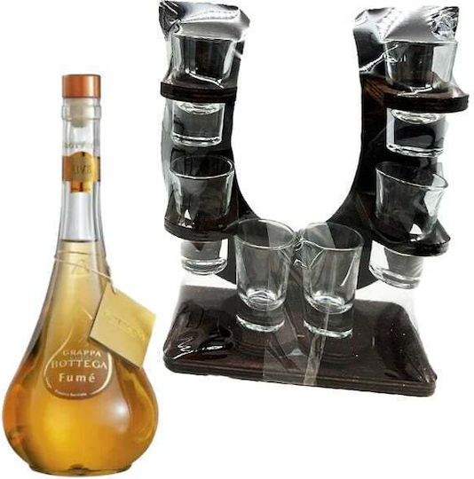 Minibar Set U-Shaped Wooden Holder 6 Glasses Bottega Fume Grappa