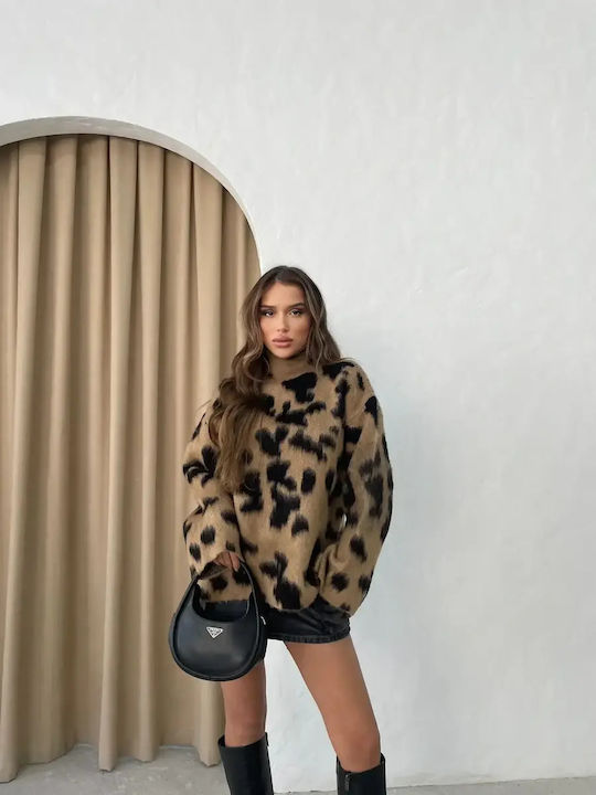 Women's Long Sleeve Sweater Animal Print Brown