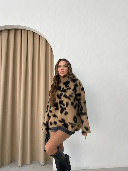 Women's Long Sleeve Sweater Animal Print Brown