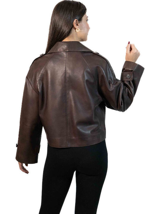 Women's Short Lifestyle Leather Jacket for Winter Brown