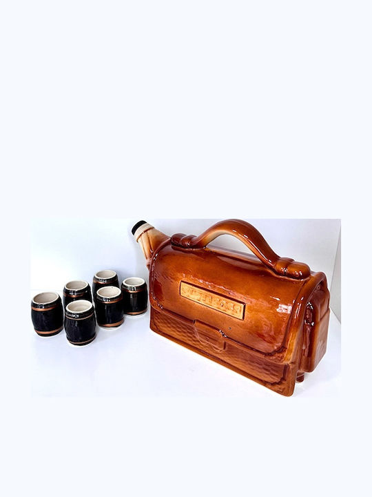 Velve Decantor Ceramică de Servire cu Dop și Pahare Maro 1500ml 6 Bucăți