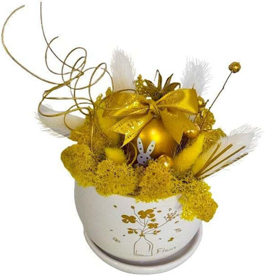 Aranjament Floral Sclipitor În Vază Ceramică În Formă De Cupă Lagurus Licheni Stabilizați Ou Decorativ Plante Handmade Galbene 21 X 7 Cm