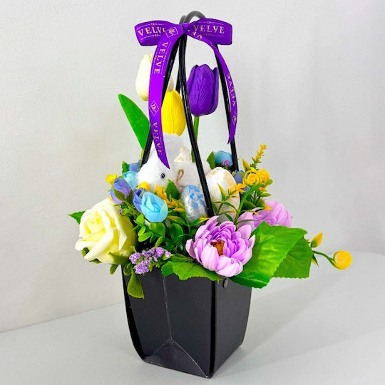 Coș De Flori De Paște Handmade Plante Nuferi Săpun Trandafiri Lalele Decorațiuni De Paște Iepuraș Mov 33cm