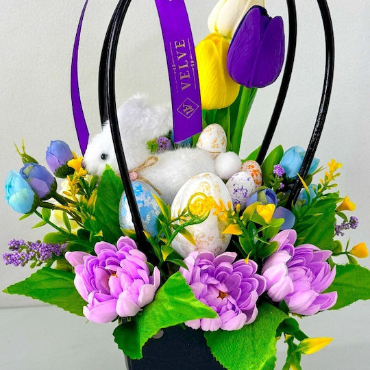 Coș De Flori De Paște Handmade Plante Nuferi Săpun Trandafiri Lalele Decorațiuni De Paște Iepuraș Mov 33cm