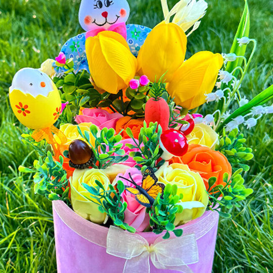 Aranjament Floral De Paște Iepuraș Decorațiune 1 Ou Decorativ Crinul Văii Plante Verzi Artificiale Trandafiri Săpun Lalele În Cutie Rotundă Roz Catifea