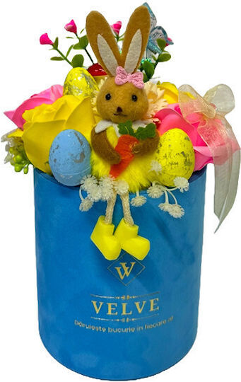 Aranjament Floral De Paște Decorațiune Iepure 3 Ouă Decorative Plante Verzi Trandafiri De Săpun Garofi În Cutie Rotundă Din Catifea Albastră