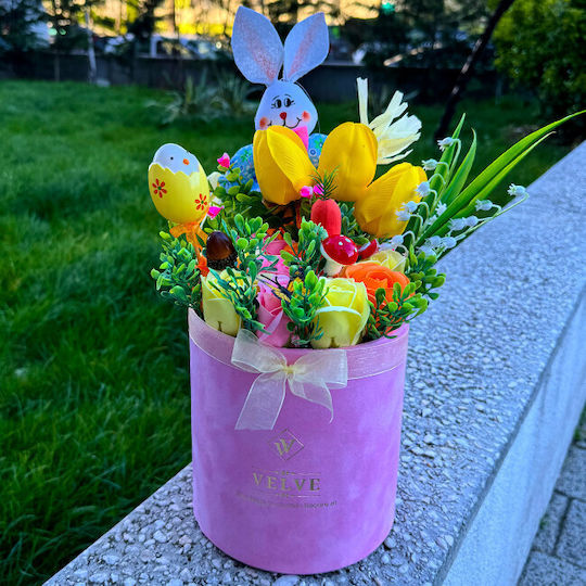 Aranjament Floral De Paște Iepuraș Decorațiune 1 Ou Decorativ Crinul Văii Plante Verzi Artificiale Trandafiri Săpun Lalele În Cutie Rotundă Roz Catifea