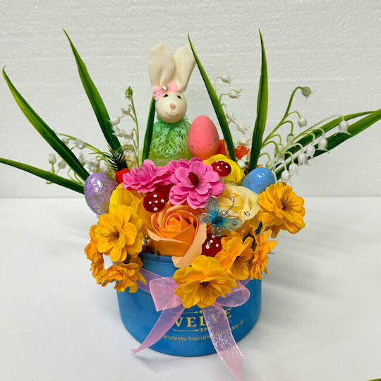 Aranjament Floral De Paște Decorațiune Iepure 3 Ouă Decorative Trandafiri Maci Garofi Floarea De Cireș Flori De Săpun Crin De Vale Artificial În Cutie Rotundă Din Catifea Albastră