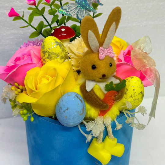 Aranjament Floral De Paște Decorațiune Iepure 3 Ouă Decorative Plante Verzi Trandafiri De Săpun Garofi În Cutie Rotundă Din Catifea Albastră